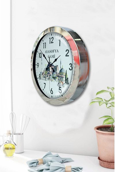 Kasva Concept Gift 36 cm Chrome Metal Hagia Sophia Mosque Wall Clock