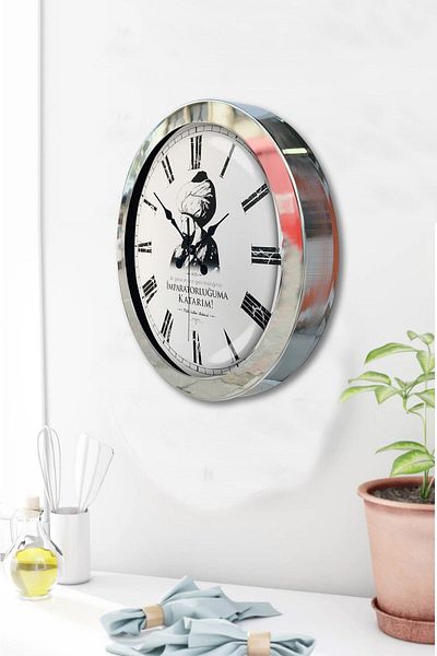 Kasva Concept Gift 36 cm Chrome Metal Fatih Sultan Mehmet Wall Clock