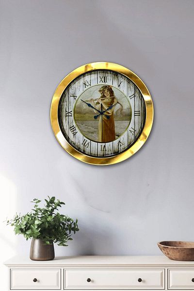 Kasva Concept Gift 36 cm Gold Metal Girl Playing Flute Wall Clock
