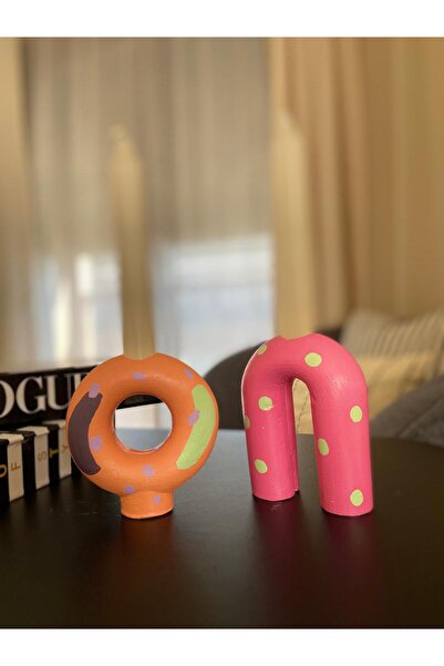 La Vivi Dekoratif Mumluk Ve Şamdan 2'li Set El Yapımı Handmade Pembe - Turuncu