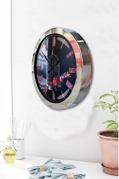 Kasva Concept Gift 36 cm Chrome Metal Bird Cage Wall Clock