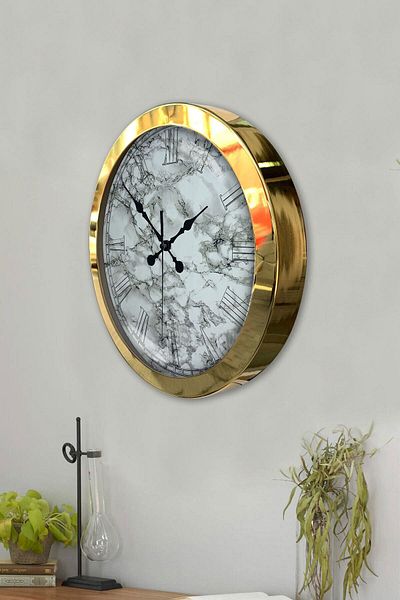 Kasva Concept Gift 36 cm Gold Metal Marble Design Wall Clock
