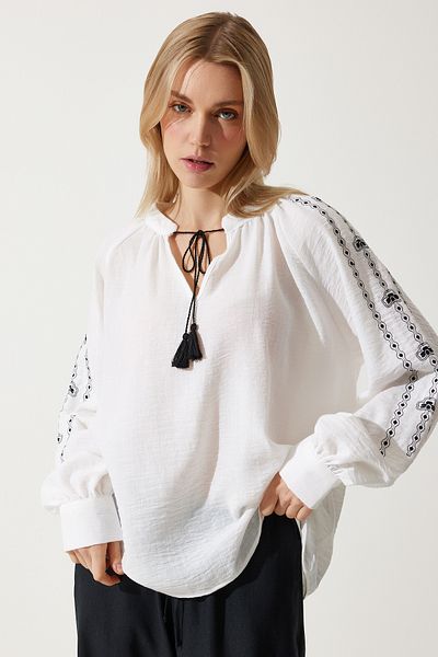 Happiness İstanbul Dámská ecru vyšívaná oversize lněná halenka RG00038