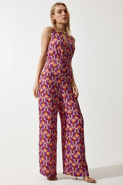 Happiness İstanbul Lila-beiger gemusterter Satin-Overall für Damen WF00072