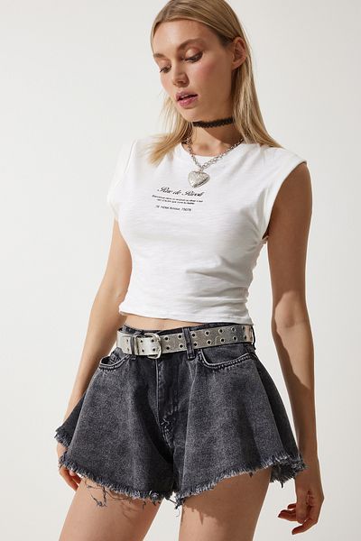 Happiness İstanbul Women's Anthracite Tasseled Mini Denim Shorts HE00002