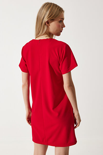 Happiness İstanbul Rotes Basic-Crêpe-Kleid mit Rundhalsausschnitt für Damen TO00136