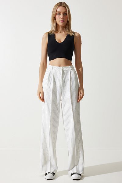 Happiness İstanbul Women's Broken White Thin Striped Masculine Palazzo Pants DW00005