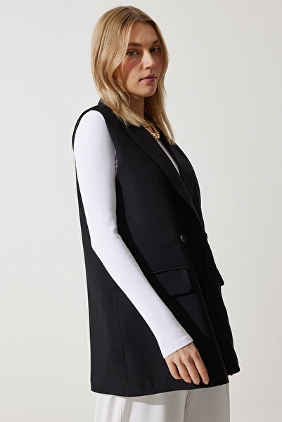 Happiness İstanbul Жіночий двобортний тканий жилет з чорним коміром-рафтом TO00140