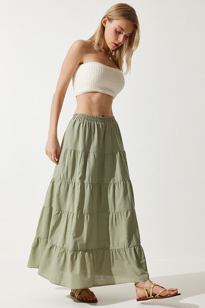 Happiness İstanbul Khakifarbener Schwungrad-Sommerrock für Damen, lockerer und bequemer Rock RG00036