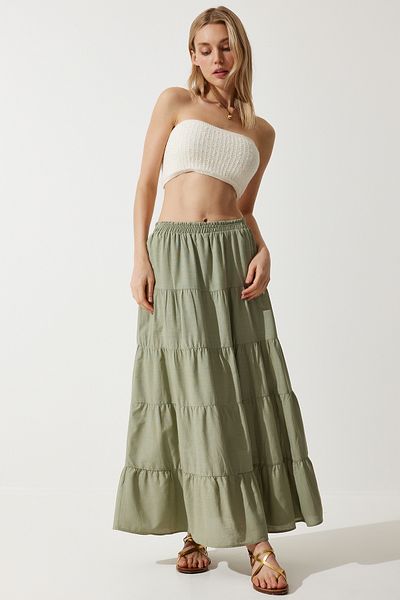 Happiness İstanbul Khakifarbener Schwungrad-Sommerrock für Damen, lockerer und bequemer Rock RG00036