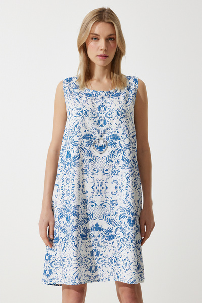 Happiness İstanbul Kadın Mavi Beyaz Desenli Keten Viskon Mini Elbise BH00343