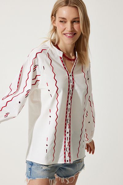 Happiness İstanbul Dámská Ecru vyšívaná plátěná halenka ES00150