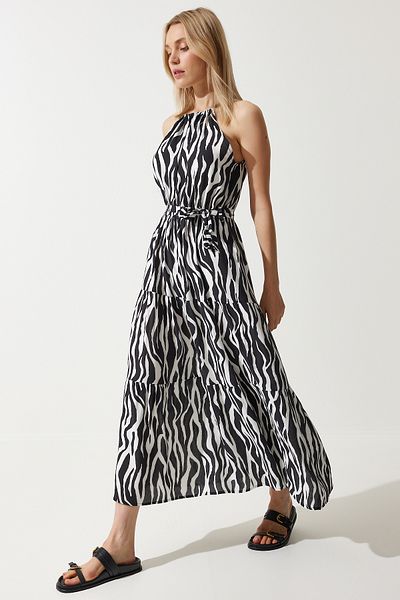 Happiness İstanbul Schwarz-weißes Sommerkleid aus Viskose mit Neckholderkragen für Damen ZV00269
