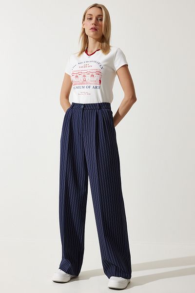 Happiness İstanbul Damen Marineblaue, dünn gestreifte Palazzo-Hose mit maskulinem Schnitt DW00005