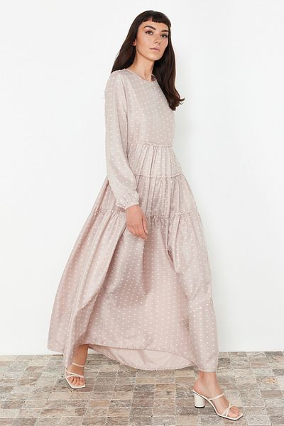 Trendyol Modest Beiges gewebtes Kleid mit Tupfenmuster - TCTSS24EB00243