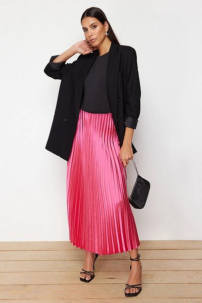 Trendyol Collection Rózsaszín maxi szoknya szatén szövettel - redőzött, szőtt, TWOSS24ET00206