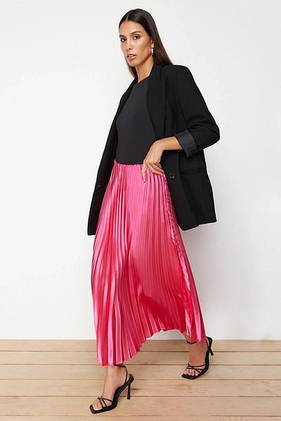 Trendyol Collection Rózsaszín maxi szoknya szatén szövettel - redőzött, szőtt, TWOSS24ET00206