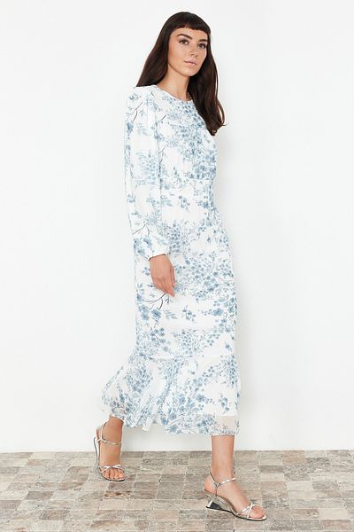 Trendyol Modest Φόρεμα με φλοράλ υφαντό σιφόν με εκρού TCTSS24EB00204