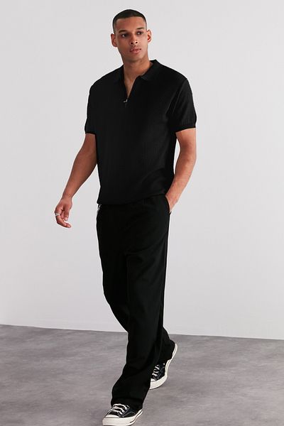Trendyol Collection Black Regular Fit Openwork Zippered Knitwear Polo Collar T-Shirt TMNSS24PO00001