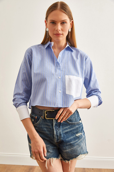 Olalook Dámská modrá jednokapsová proužkovaná plodinová košile GML-19001209
