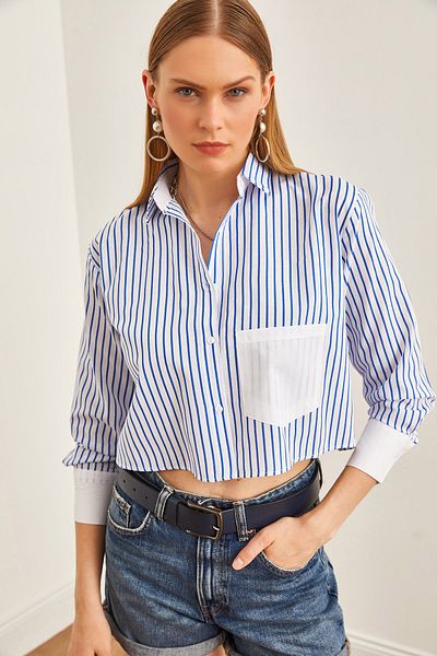 Olalook Women's Navy Blue Single Pocket Striped Crop Shirt GML-19001209