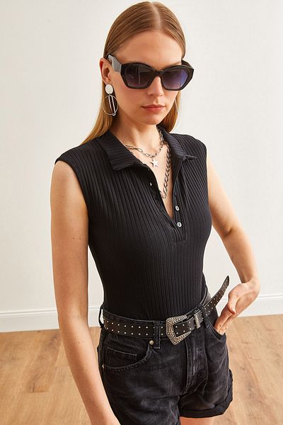 Olalook Schwarzer Damen-Bodysuit mit Rollkragen, Knöpfen und sechs Druckknöpfen, BDY-00000049