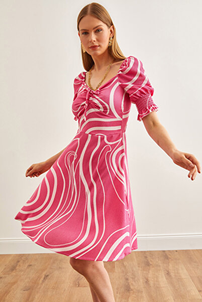 Olalook Γυναικείο Μίνι φόρεμα με κορδόνι σε ροζ κυματισμό μπροστά ELB-19002166