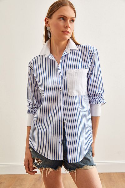 Olalook Women's Navy Blue Cuff Collar Detailed Striped Shirt GML-19001210