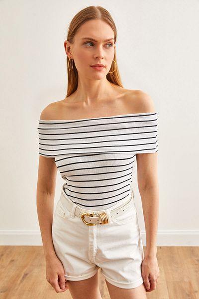 Olalook Dámská pruhovaná bílá blůza Madonna s límcem Lycra BLZ-19002586