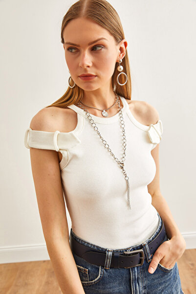 Olalook Women's Ecru Shoulder Detailed Halter Collar Crop Flexible Cotton Blouse BLZ-19002637