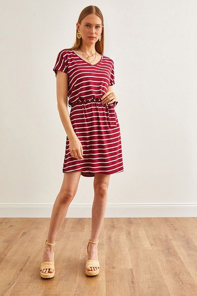 Olalook Gestreiftes, burgunderrotes, legeres Viskose-Strickkleid mit V-Ausschnitt und Gürtel für Damen ELB-19002153