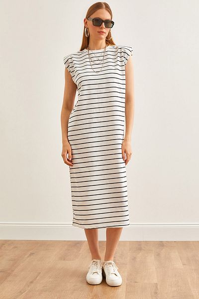 Olalook Weißes, wattiertes, gestreiftes Midikleid für Damen ELB-19002164