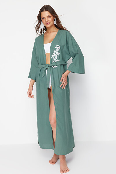 Trendyol Collection Maxi Khaki Belted Embroidered Beach Kimono - Tbess24Km00068