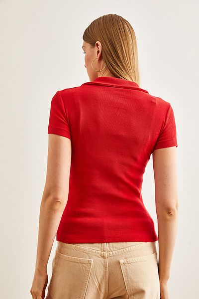 Olalook Woman's Red Polo Collar Knitted Blouse BLZ-19002563
