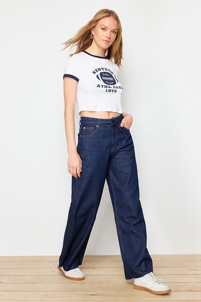 Trendyol Collection Sötétkék Fenntarthatóbb derék, részletes, magas derekú, széles lábú farmernadrág TWOSS24JE00307