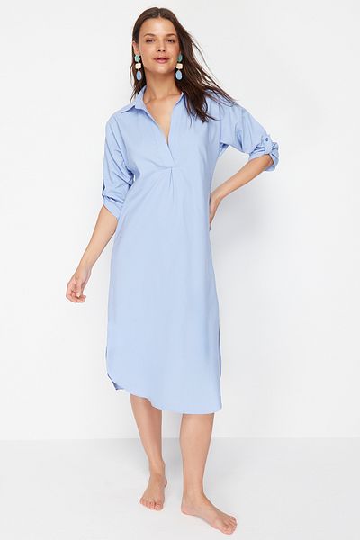 Trendyol Collection Rochie de plajă cu fantă țesută Midi albastră TBESS21EL3847