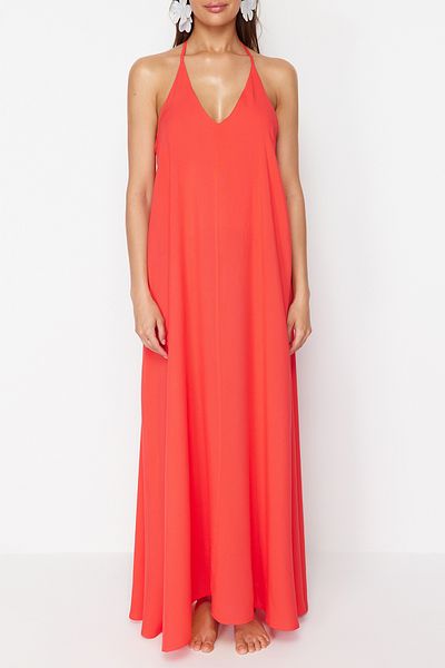 Trendyol Collection Piros Maxi Woven Back mélyen dekoltált strandruha TBESS24EL00022