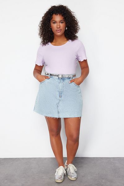 Trendyol Curve Lilac Camisole 100% Cotton Ribbed Knitted Plus Size Blouse Tbbss24Af00108