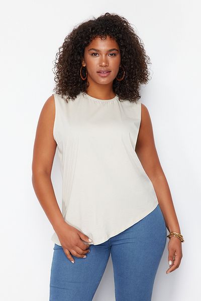 Trendyol Curve Steinfarbenes, asymmetrisches Strick-T-Shirt aus 100 % Baumwolle, nachhaltiger TBBSS24BF00052