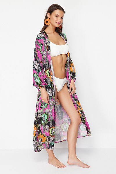 Trendyol Collection Maxi Size Abstract Patterned Belted Cotton Kimono & Kaftan - Tbess23Km00057