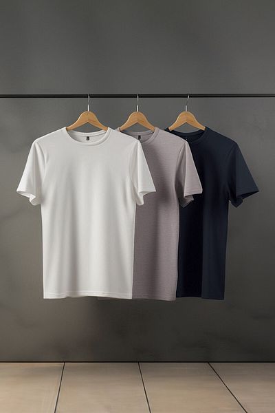 Trendyol Collection Футболка TasEkruAnthracite Тонка вузького крою з горловиною Basic 100 бавовна 3 пакета TMNSS19BO0007