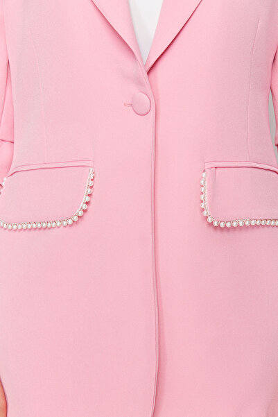 Trendyol Modest Pink Pearl Detailed Crepe Jacket Trousers Woven Bottom Top Set TCTSS24US00011