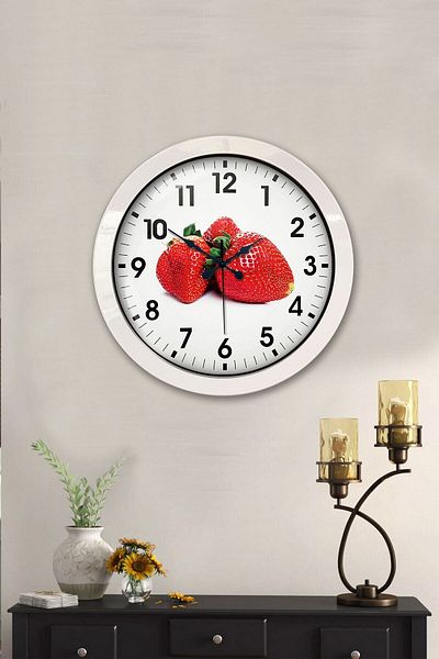 Kasva Concept Cadou 36 Cm Ceas de Perete Metal Alb Căpșuni