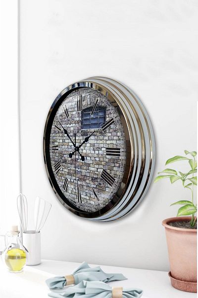 Kasva Concept 40 Cm Chrome Metal Stone Structure Wall Clock