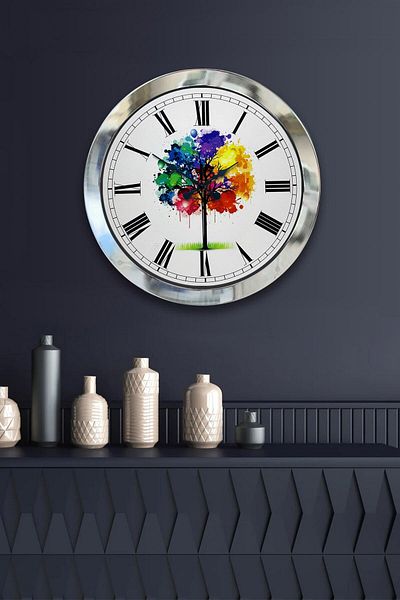 Kasva Concept Gift 36 cm Chrome Metal Colorful Tree Wall Clock