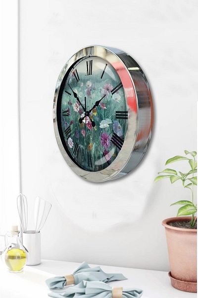 Kasva Concept Gift 36 cm Chrome Metal Flower Wall Clock