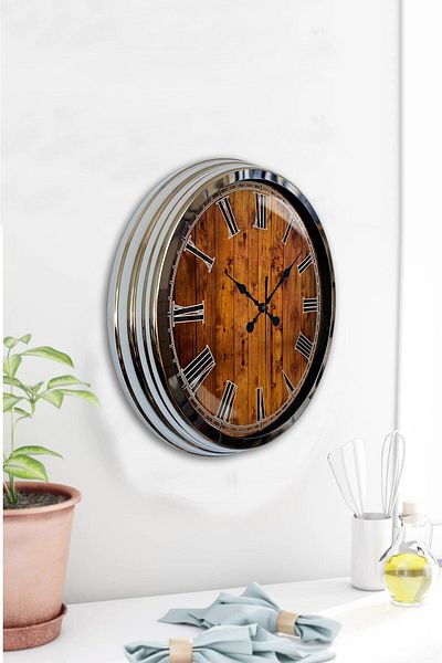 Kasva Concept Gift 40 cm Chrome Metal Wooden Look Wall Clock Gift