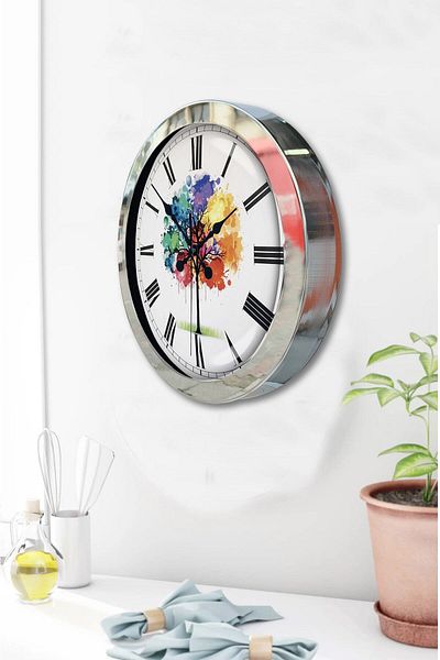 Kasva Concept Gift 36 cm Chrome Metal Colorful Tree Wall Clock