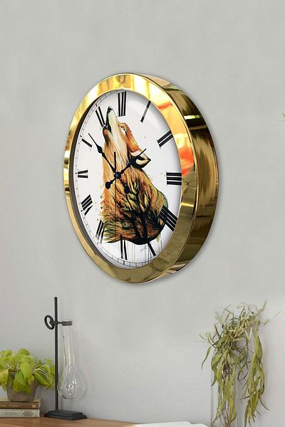 Kasva Concept Gift 36 cm Gold Metal Wolf Wall Clock