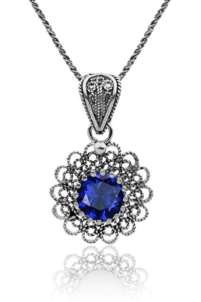 Roza Silver Eylül Safir Doğum Taşı Çiçek Motifli Telkari Gümüş Kolye